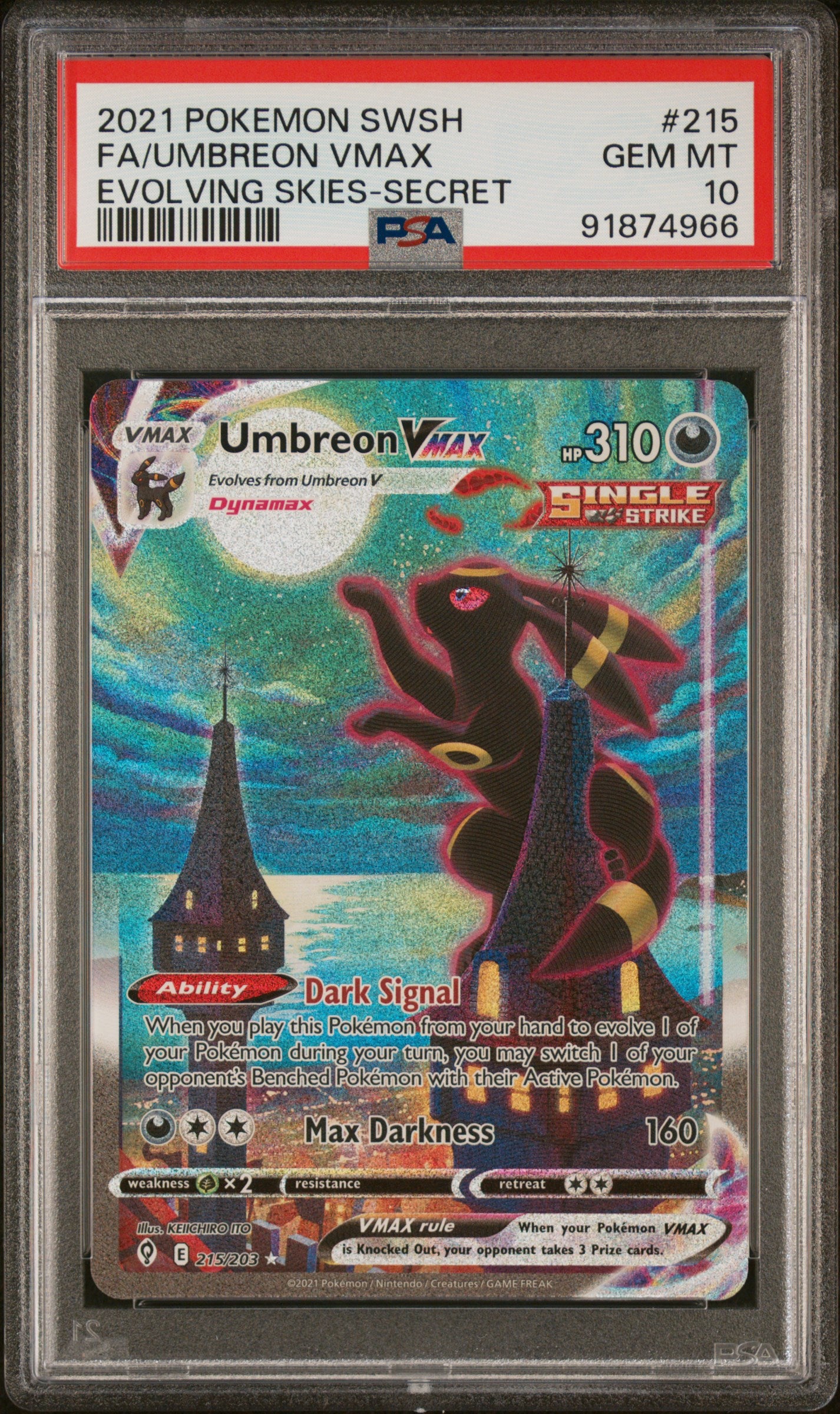 2021 Pokemon SWSH Evolving Skies-Secret Fa/Umbreon Vmax 10 PSA #215