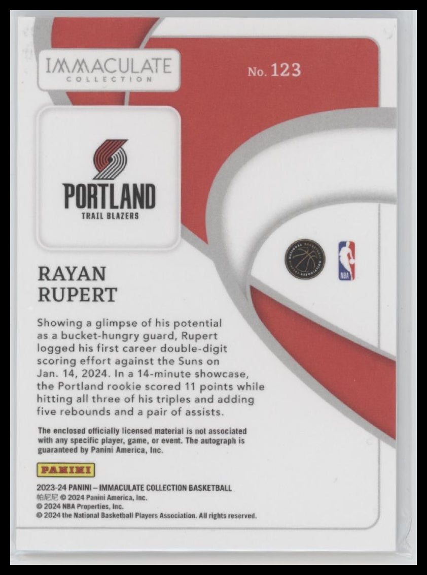 2023-24 Panini Immaculate Collection Rayan Rupert Rookie #/99 Patch & Auto #123