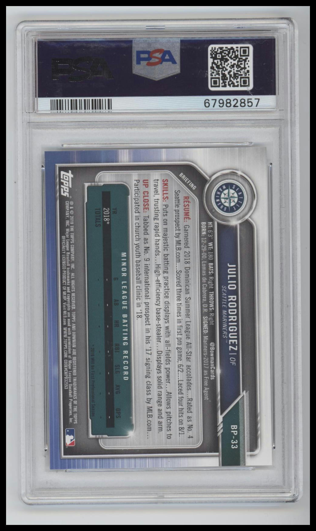 2019 Bowman Paper Prospects Paper Prospects Julio Rodriguez 10 PSA #BP33