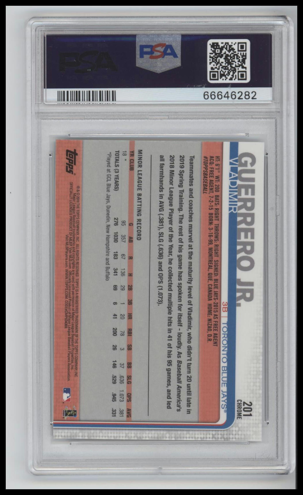 2019 Topps Chrome Vladimir Guerrero Jr. 10 PSA #201