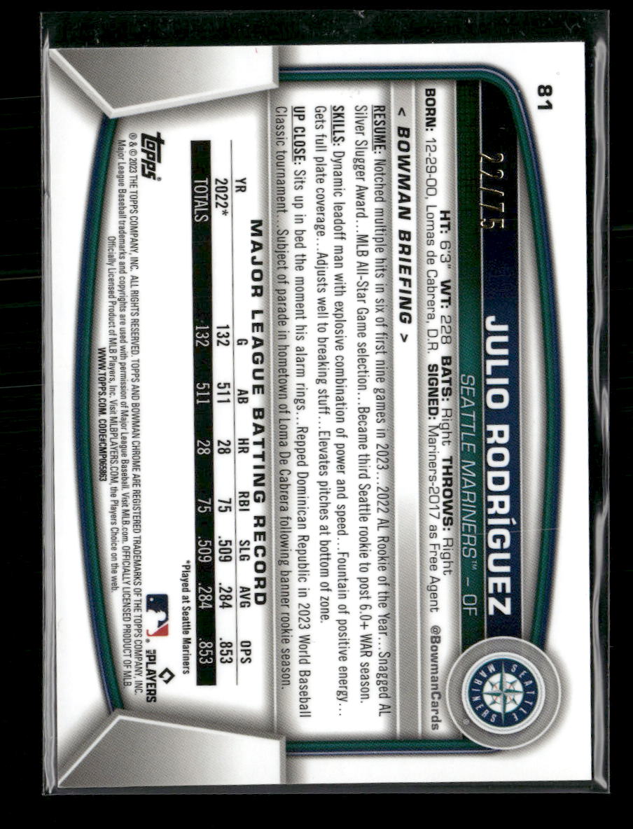 2023 Bowman Chrome Yellow Refractor Julio Rodríguez #/75 #81