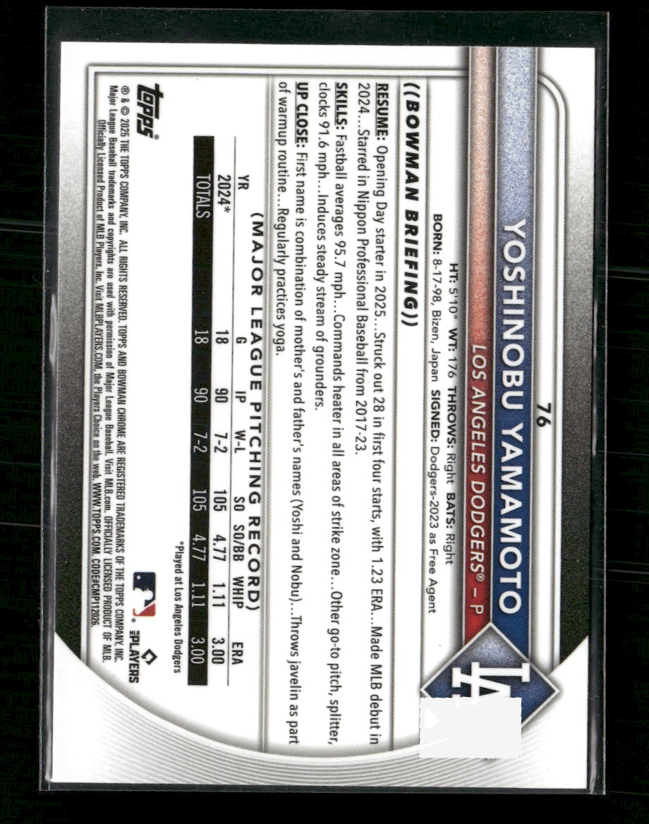2025 Bowman Chrome #76 Yoshinobu Yamamoto #/125 Aqua Geometric Refractor