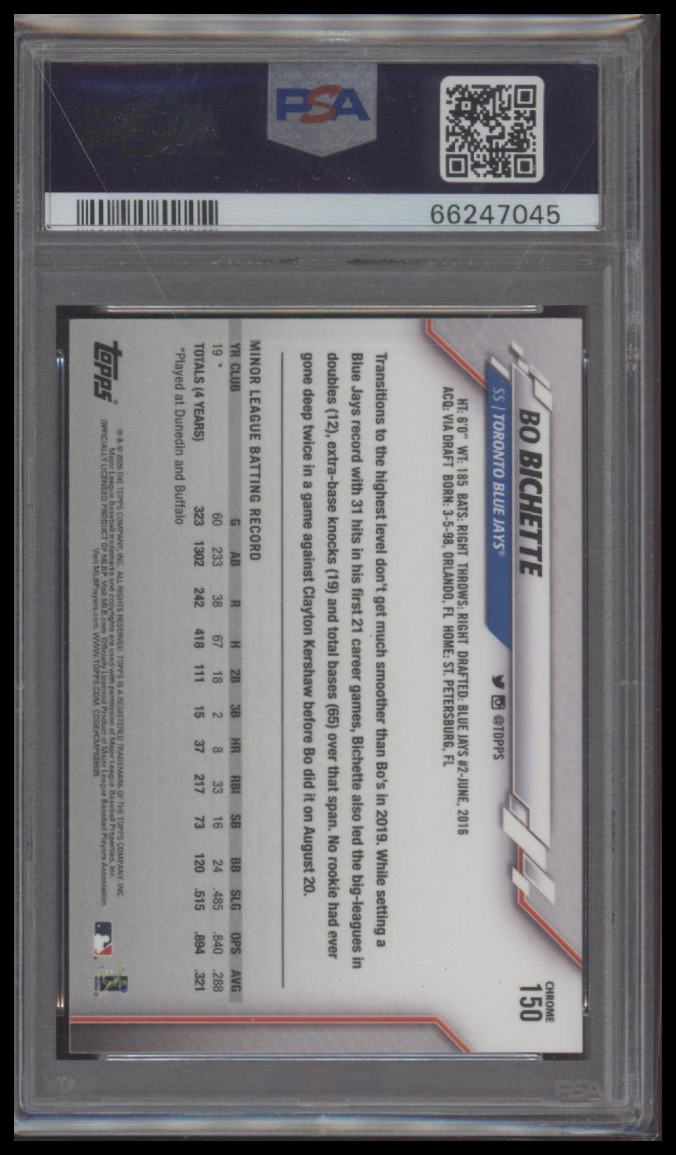 2020 Topps Chrome Bo Bichette 10 PSA #150