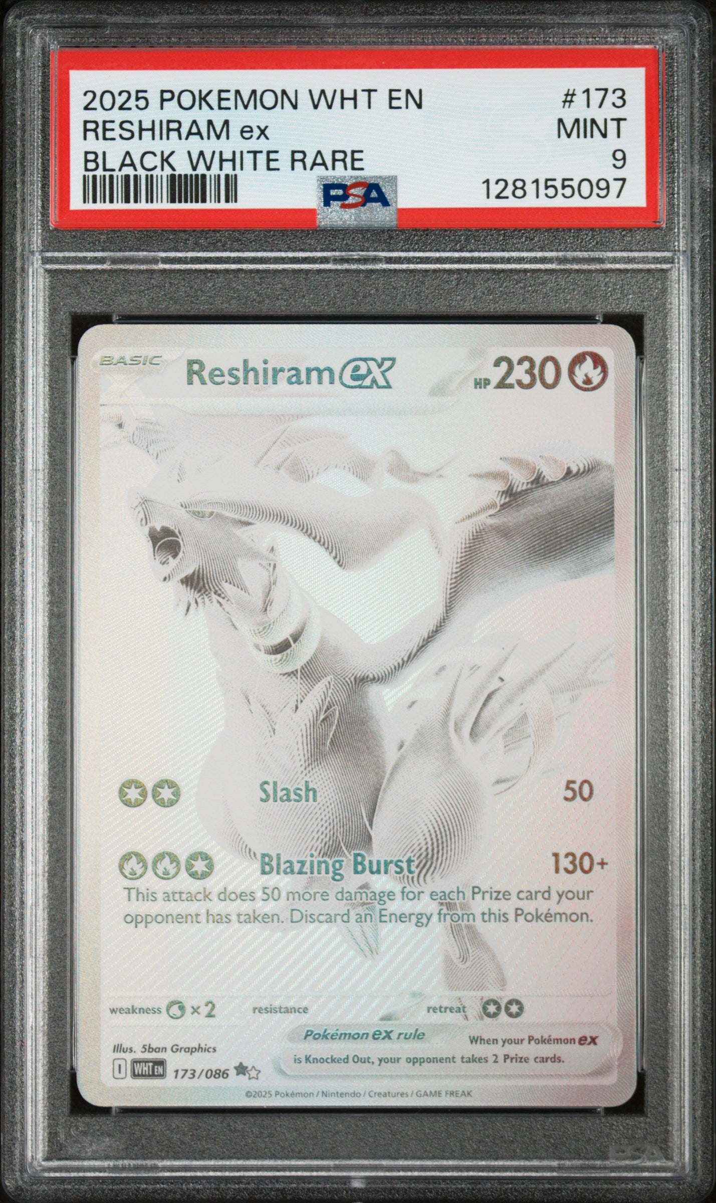 2025 Pokemon Wht En-White Flare Black White Rare Reshiram Ex 9 PSA #173