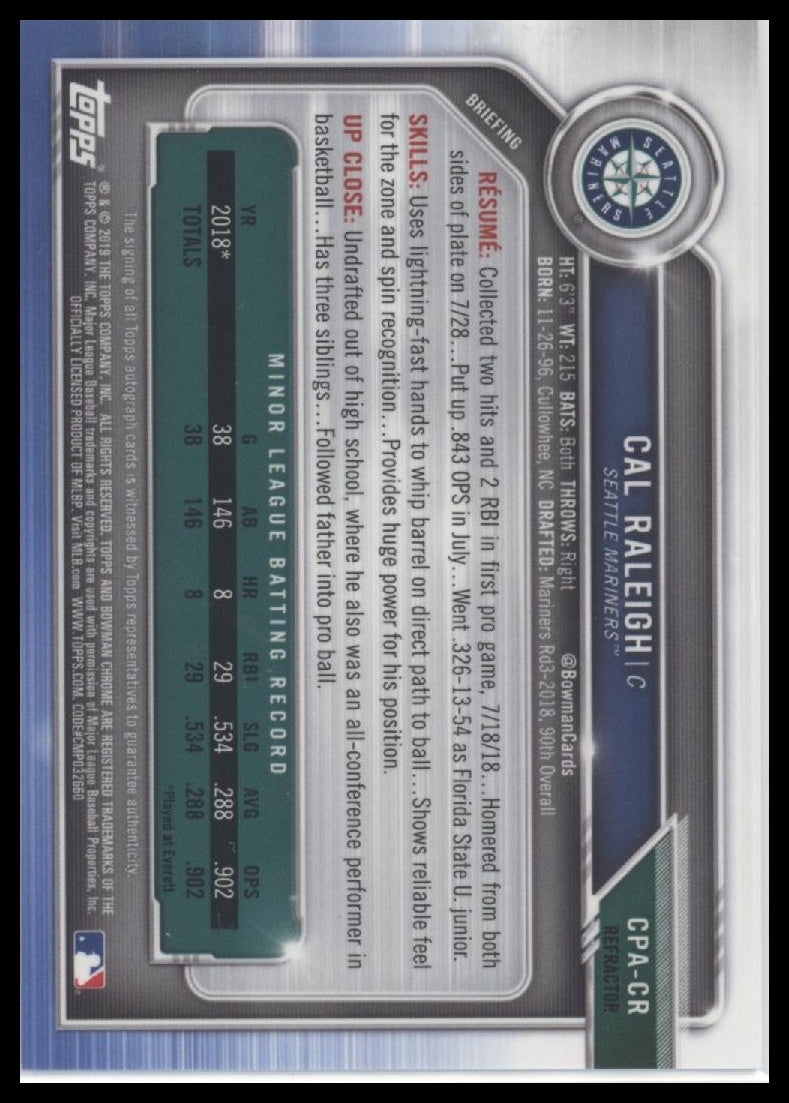 2019 Bowman Chrome Prospects Autographs Refractor Cal Raleigh #/499 Auto #CPA-CR