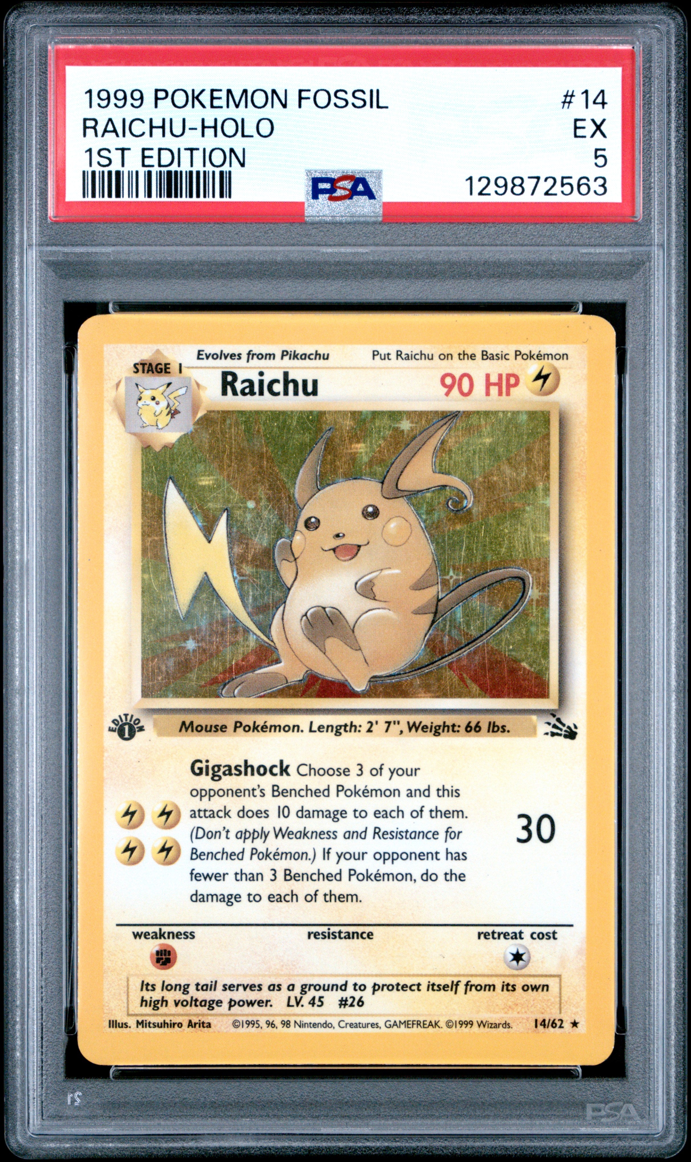1999 Pokemon Fossil 1st Edition Raichu-Holo 5 PSA #14 – Orb Sports