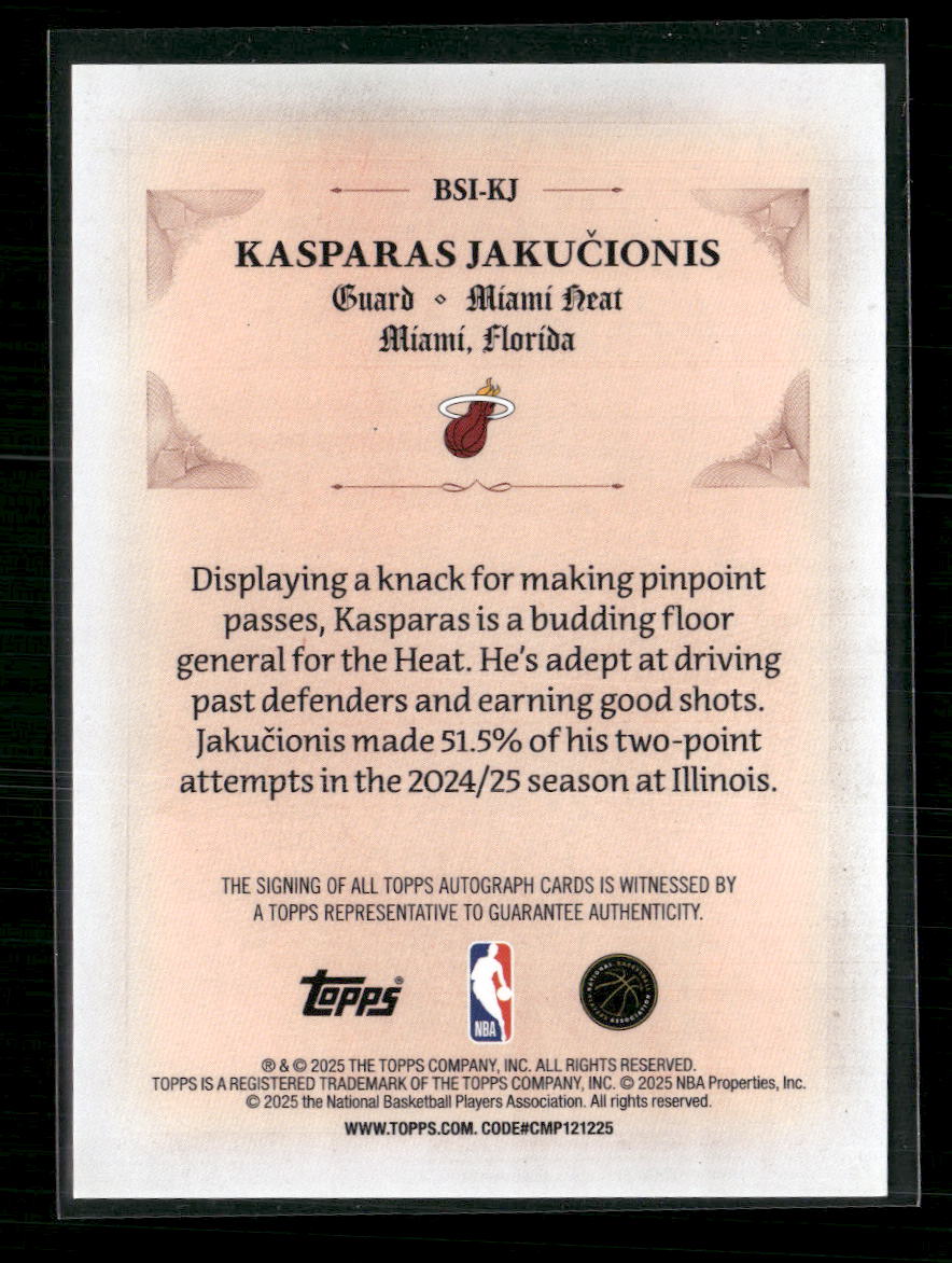 Kasparas Jakučionis 2025-26 #BSI-KJ Topps Signed and Sealed Auto