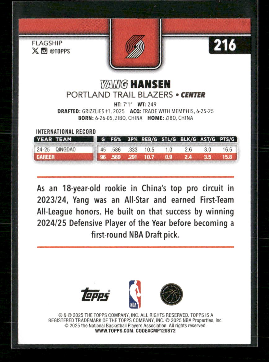 2025-26 Topps Yang Hansen Rookie #216