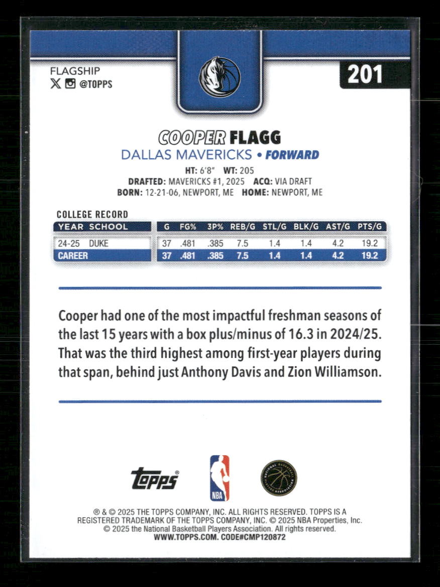 Cooper Flagg 2025-26 #201 Topps Rookie