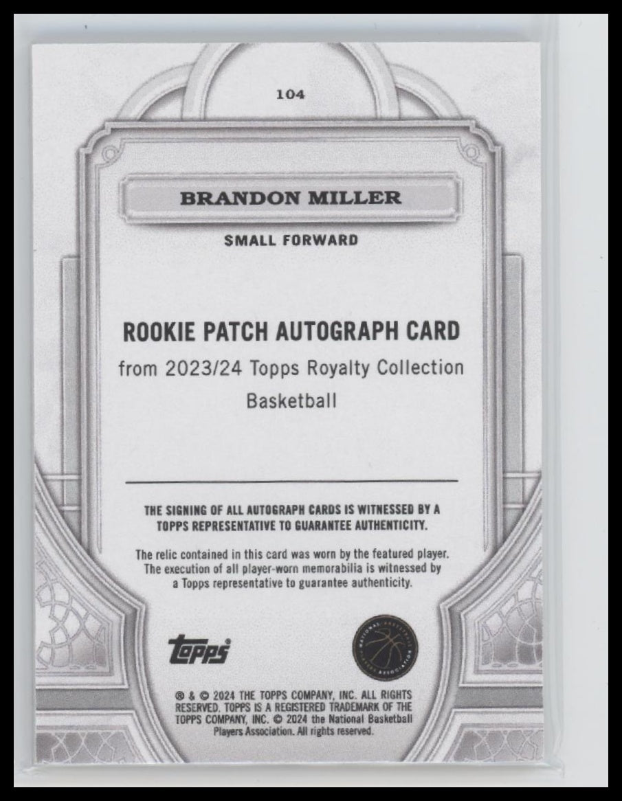 Brandon Miller 2023/24 #104 Topps Royalty Patch & Auto #/99