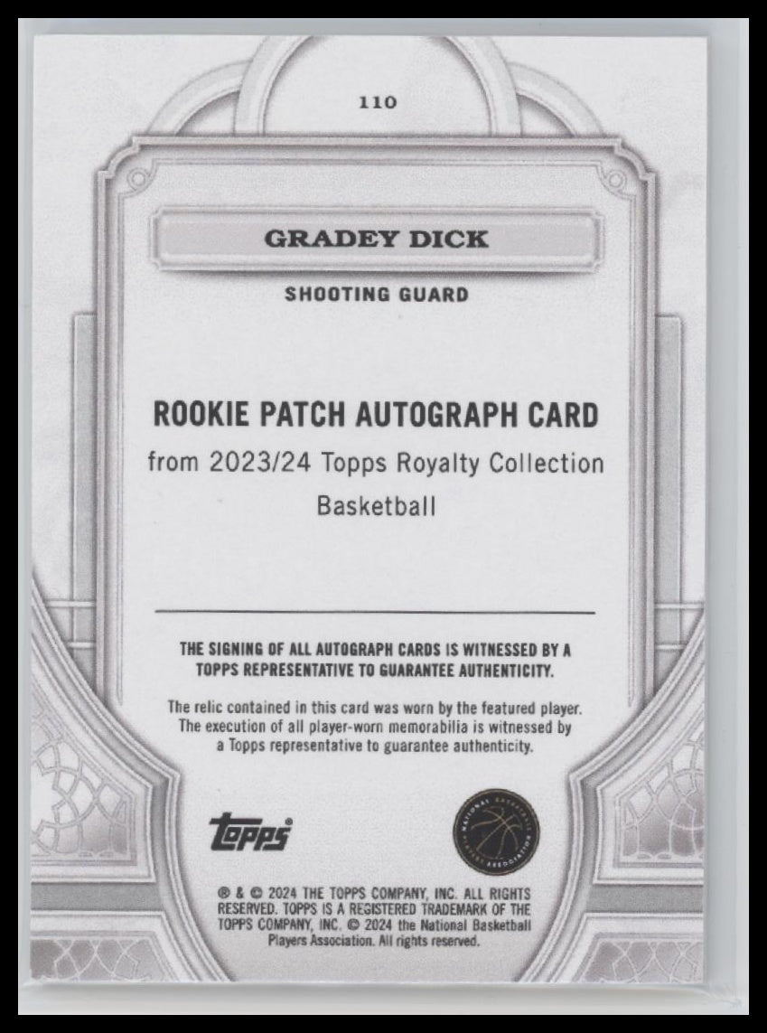 Gradey Dick 2023-24 #110 Topps Royalty Patch and Auto