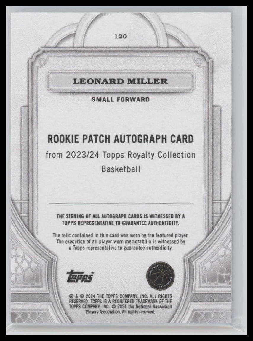 Leonard Miller 2023-24 #120 Topps Royalty Blue Rookie Patch & Auto #/25