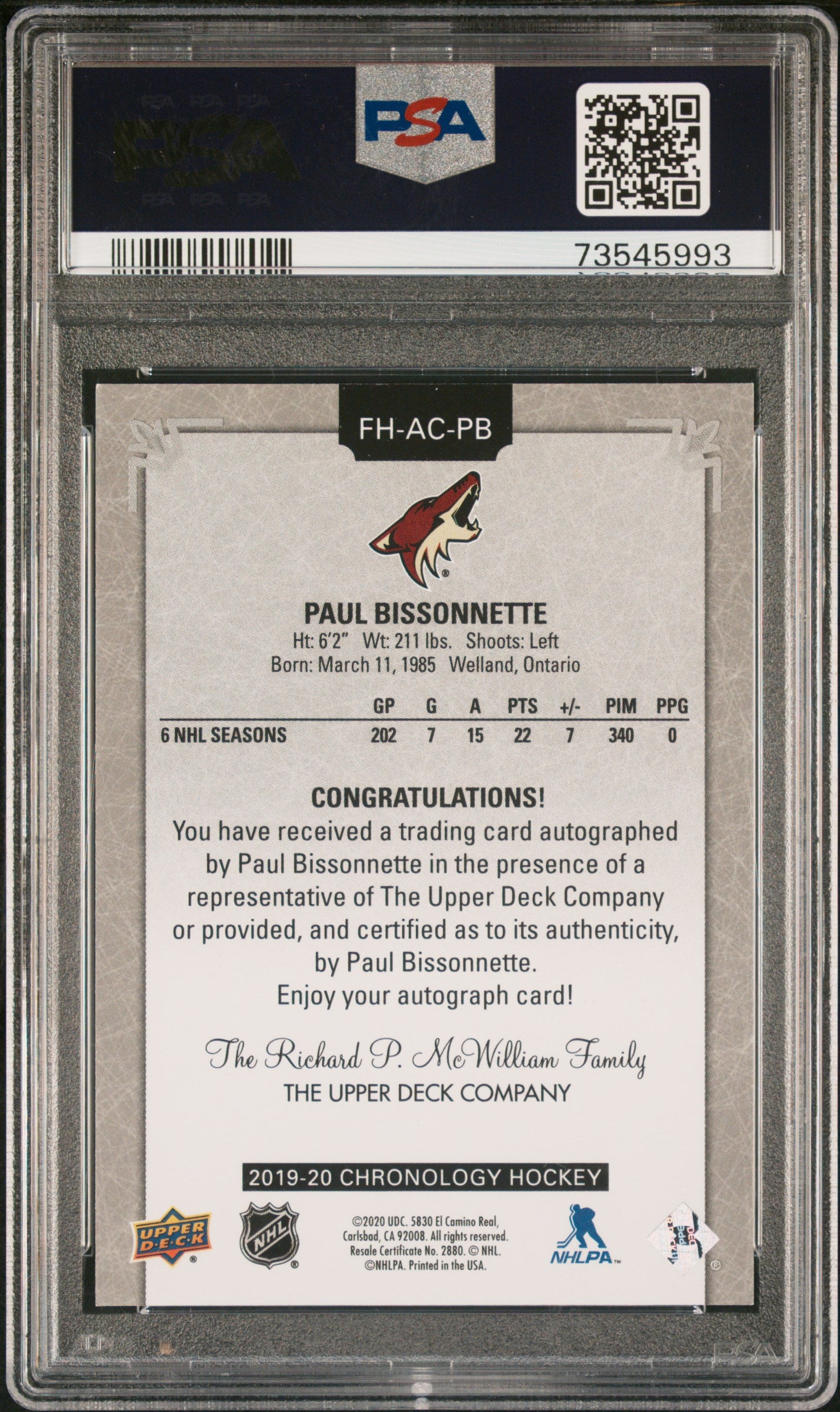 2020 Upper Deck Sp Sig Leg Chronology Franchise Paul Bissonnette 9 Auto PSA #PB