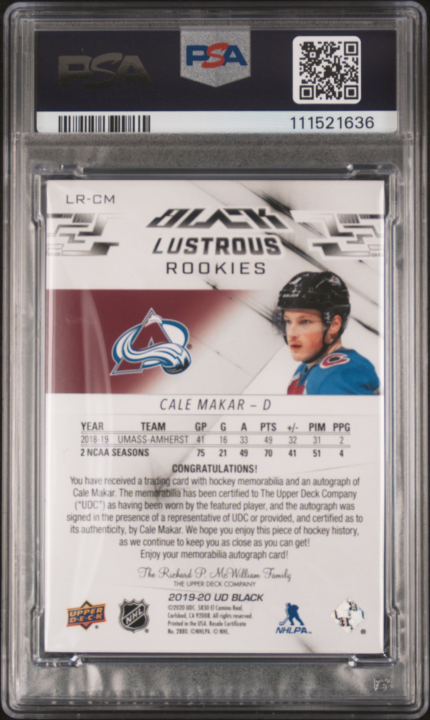 2019 Spx Ud Black Lustrous Clarity Rookie Auto Patch Cale Makar 9 PSA #LR-CM