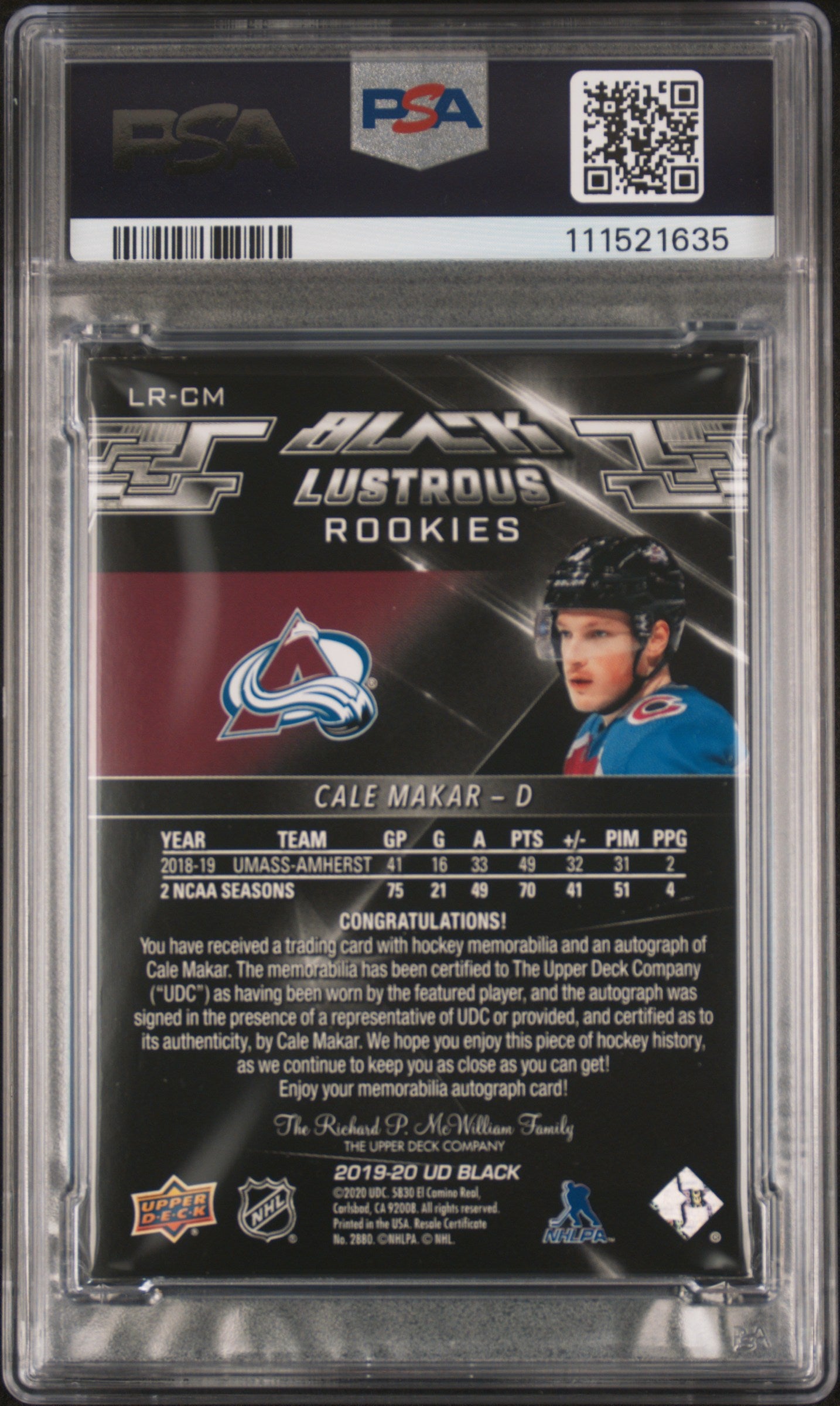 2019 Spx Ud Black Lustrous Rookie Auto Patch Cale Makar 7 Auto PSA #LR-CM