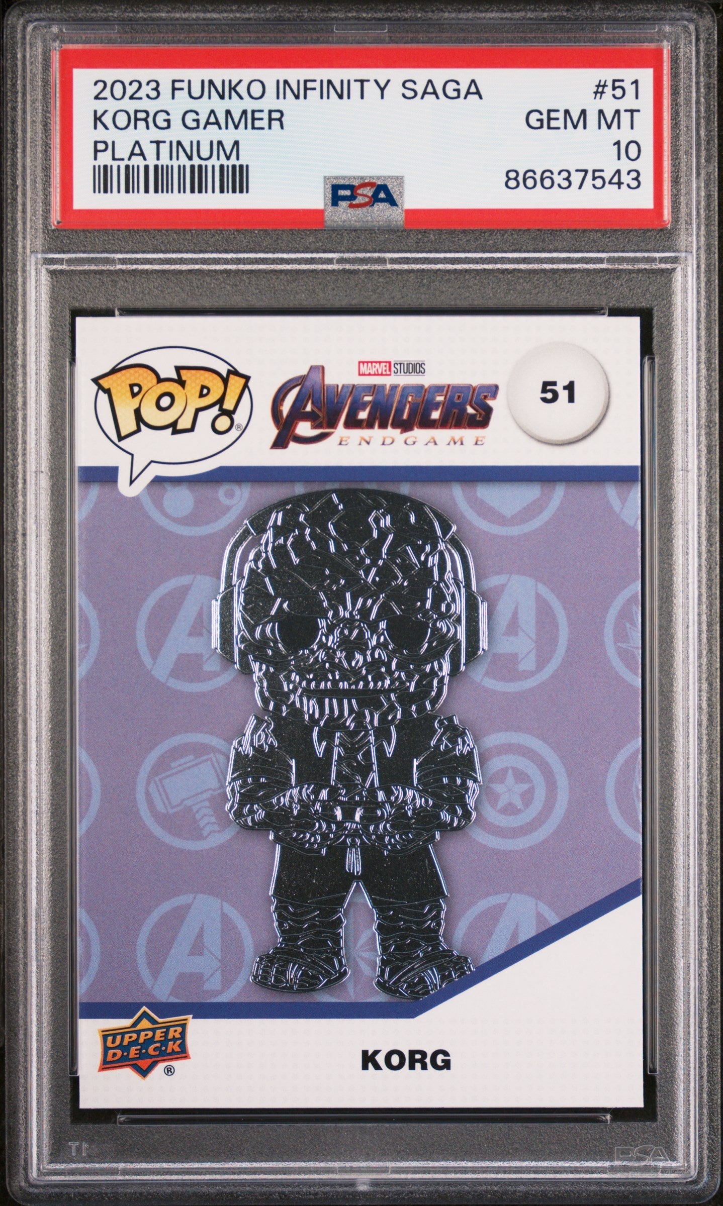 2023 UPPER DECK FUNKO POP MARVEL  KORG GAMER PLATINUM #51  PSA 10