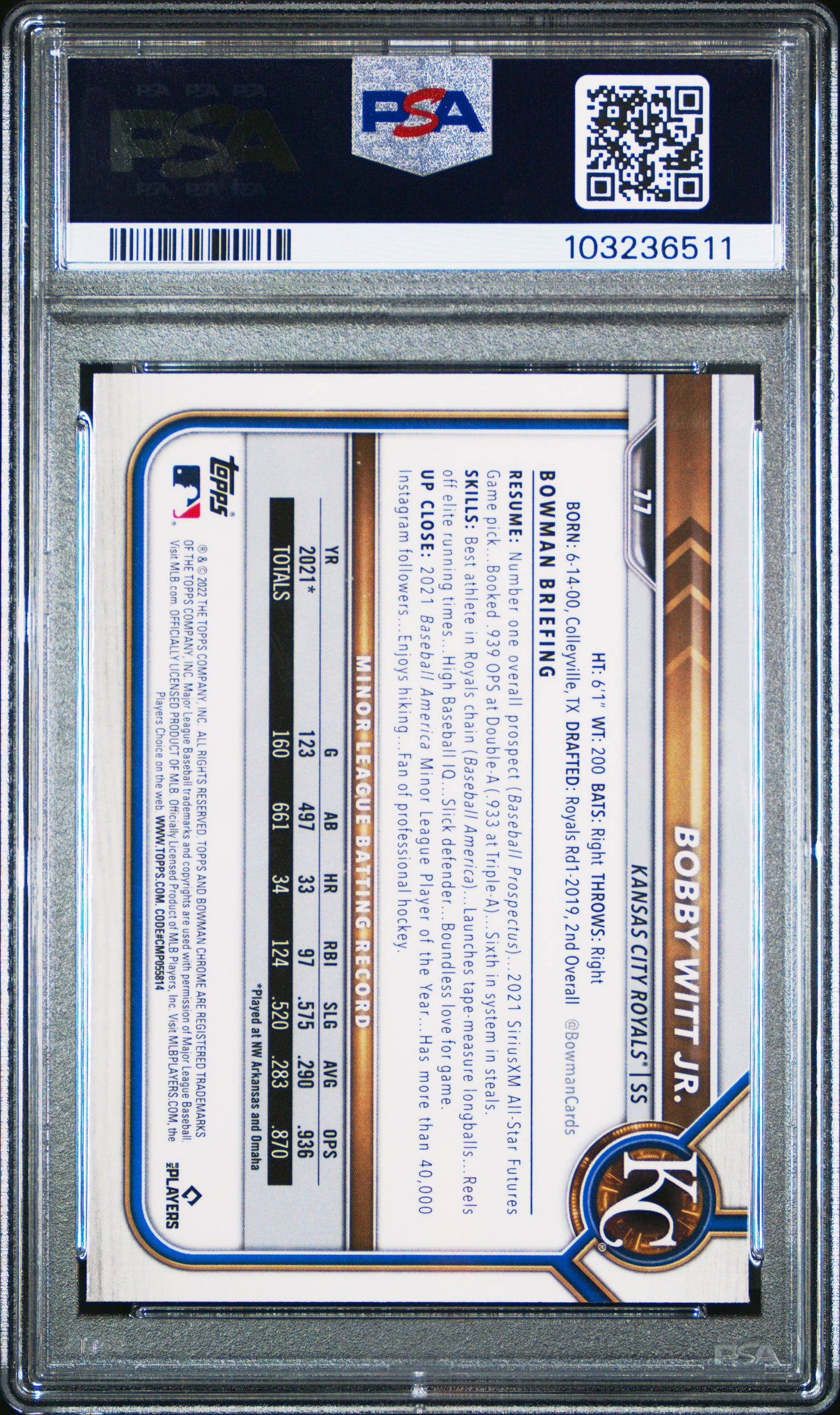 2022 Bowman Chrome Bobby Witt Jr. 10 PSA #77