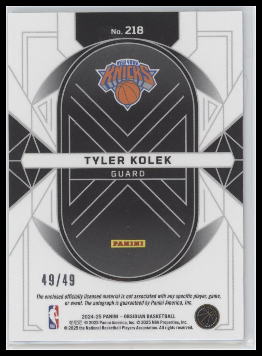 2024-25 Panini Obsidian Pink Flood Patch Auto Tyler Kolek Rookie #/49 #218