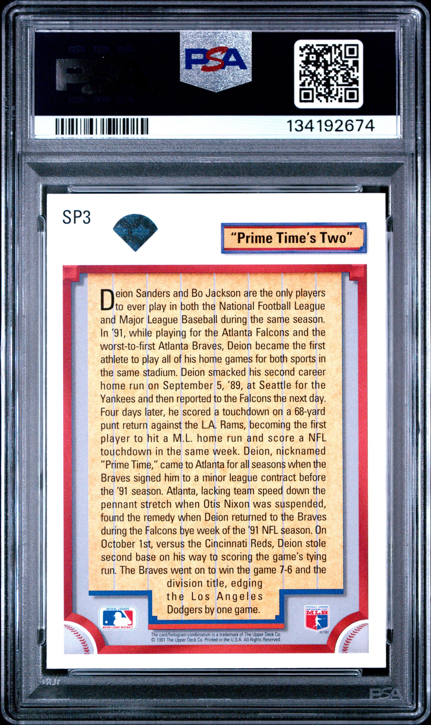 1992 Upper Deck "Prime Time'S Two" Deion Sanders 9 PSA #SP3