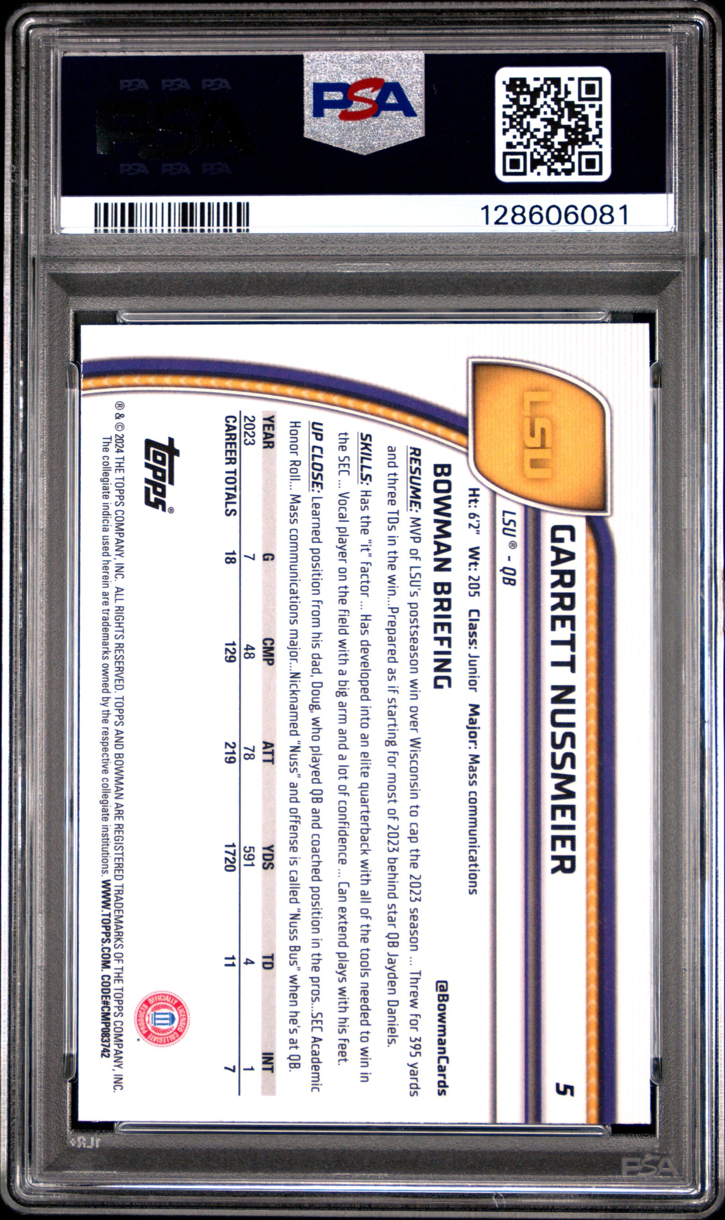 2024 Bowman University Chrome Teal Lava Garrett Nussmeier 10 PSA #5