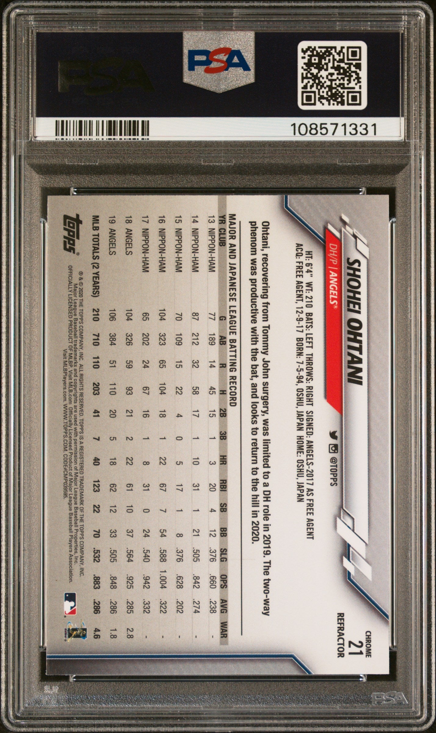 2020 Topps Chrome Pink Refractor Shohei Ohtani 9 PSA #21