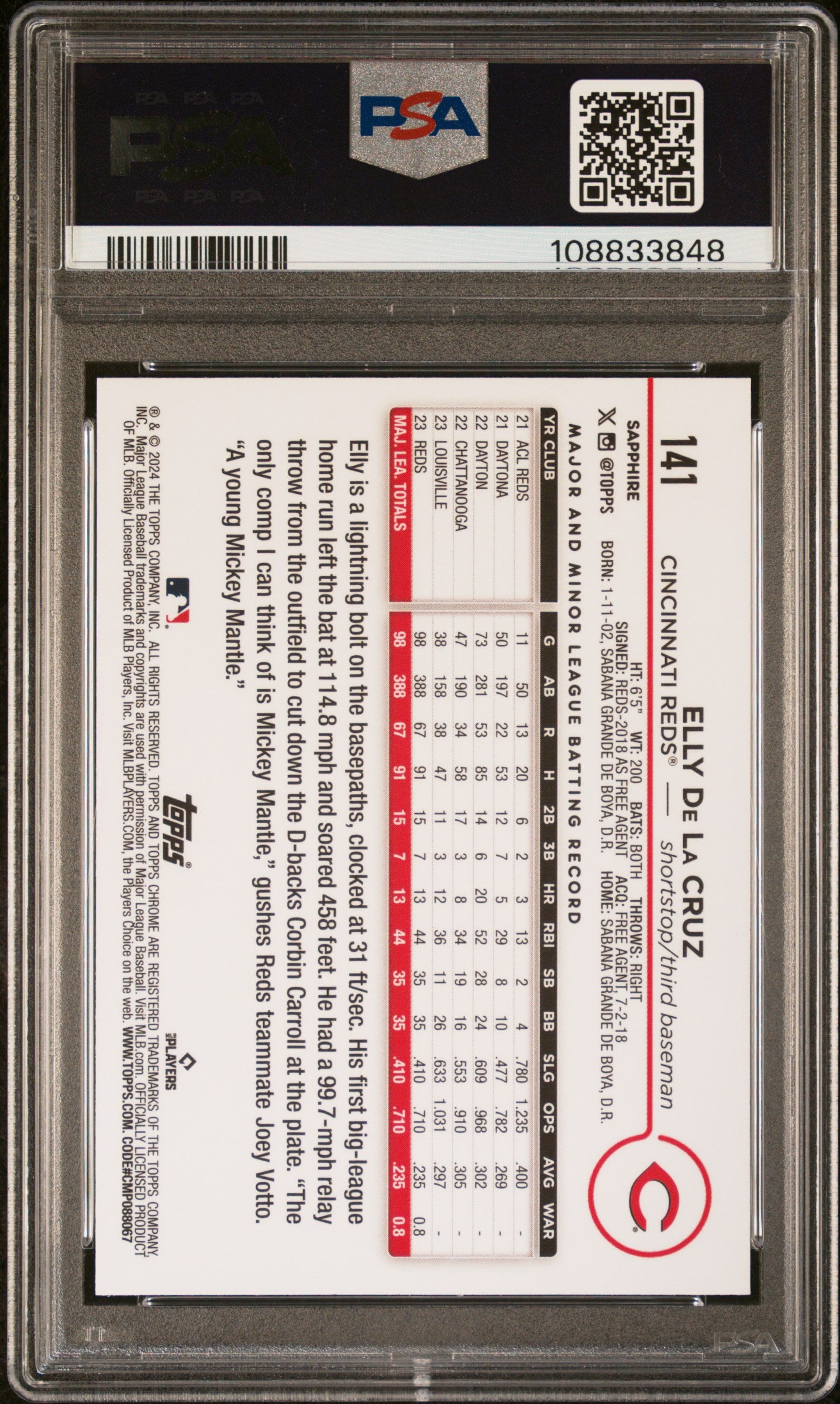 2024 Topps Chrome Sapphire Elly De La Cruz 9 PSA #141