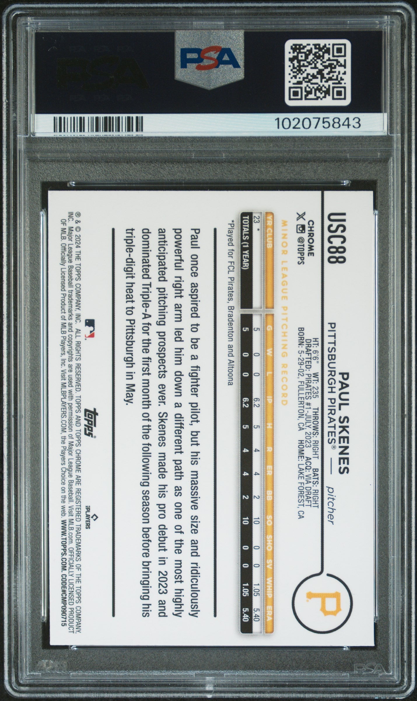 2024 Topps Chrome Update X-Fractor Paul Skenes 9 PSA #USC88