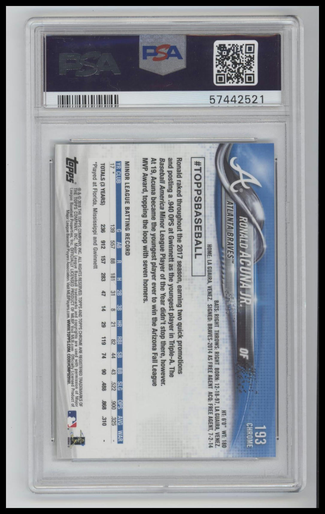 2018 Topps Chrome Ronald Acuna Jr. 9 PSA #193