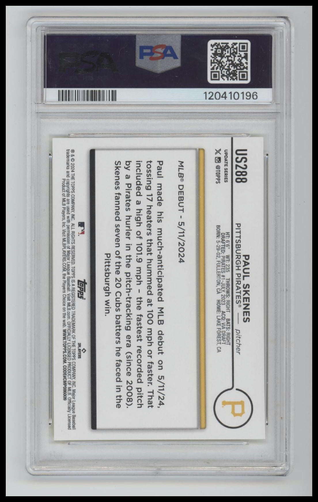 2024 Topps Update Yellow Paul Skenes 10 PSA #US288
