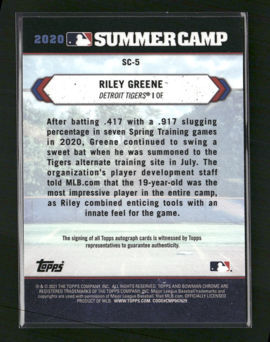 2021 Bowman Chrome 2020 Summer Camp Autographs Riley Greene #/100 Auto #SC-5