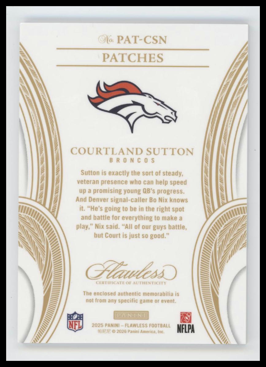 2025 Panini Flawless Patches #/25 Courtland Sutton Auto #PAT-CSN