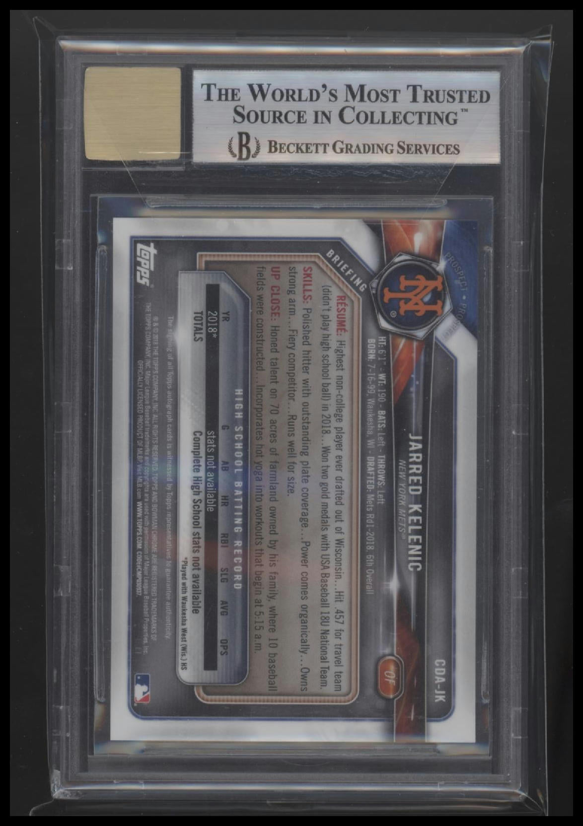 2018 Bowman Chrome Draft Autographs Jarred Kelenic 9.0 BGS #CDAJK