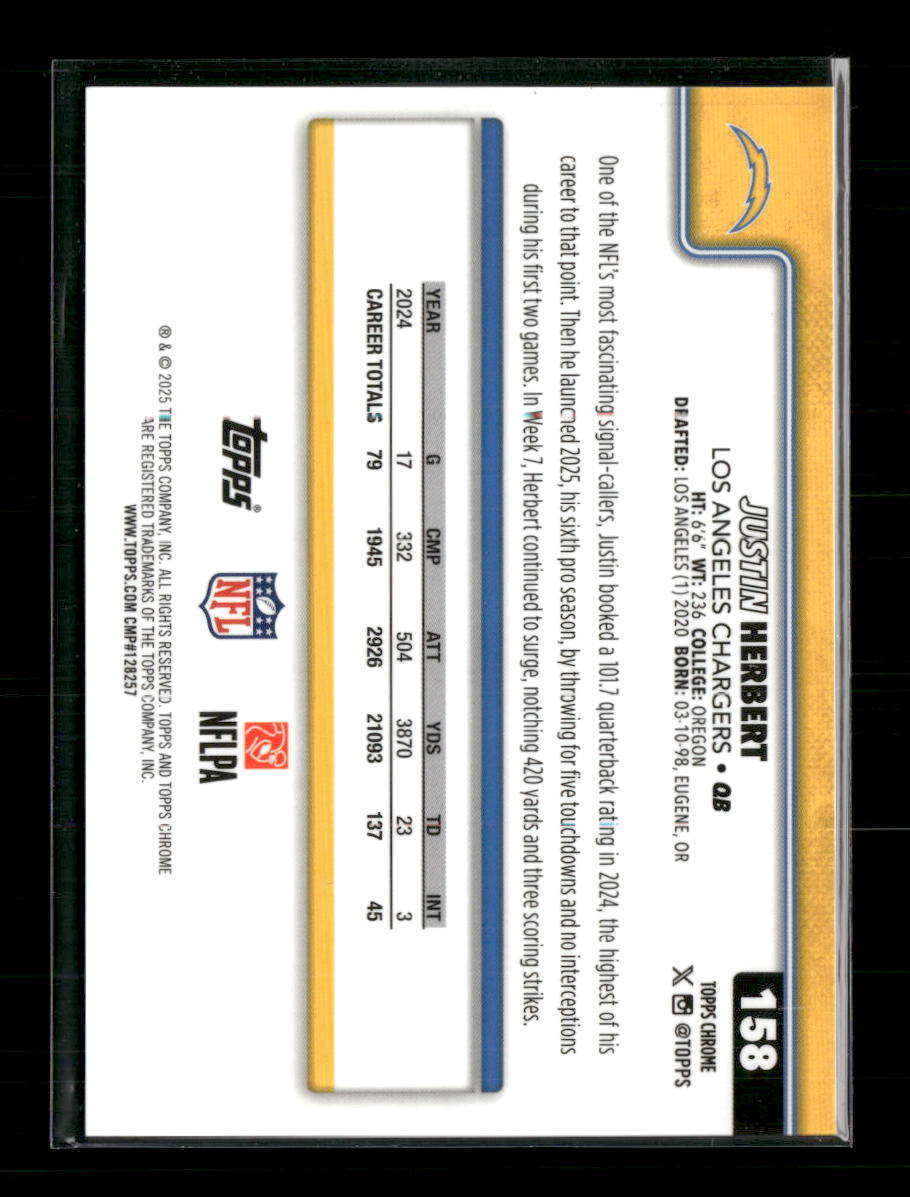 2025 Topps Chrome Black Refractor Justin Herbert #/10 #158