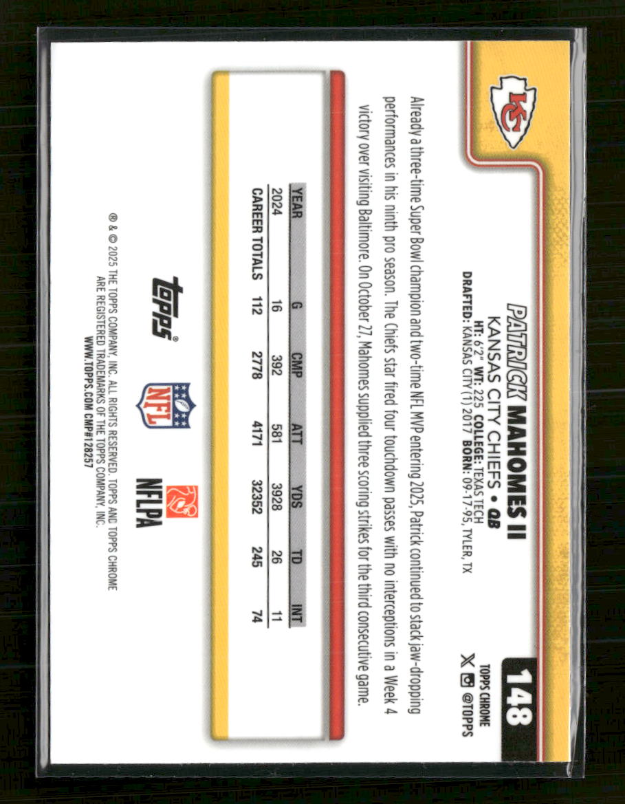 2025 Topps Chrome Hot Pink X-Fractor Patrick Mahomes II #148