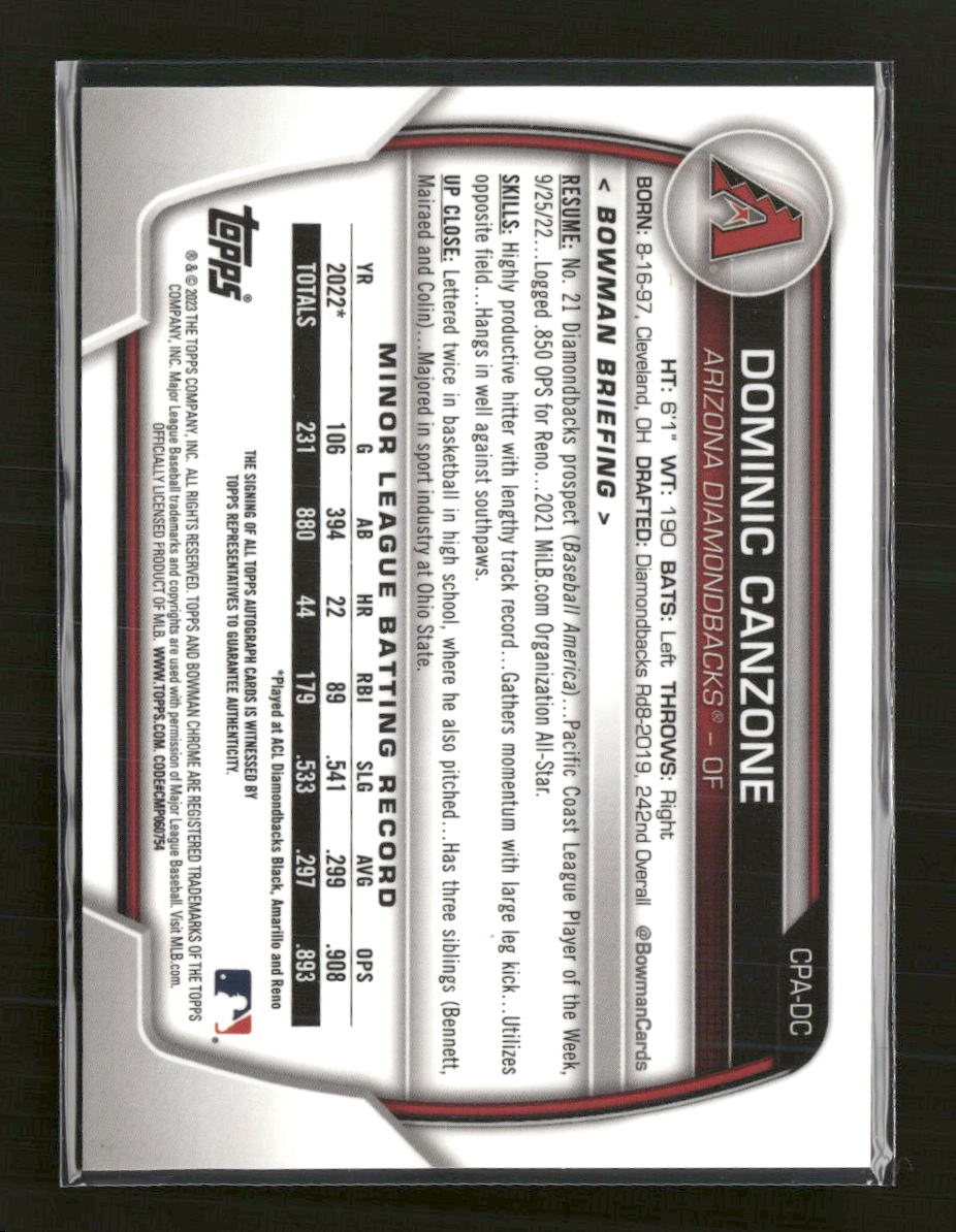 2023 Bowman Chrome Prospect Auto Atomic Refractors #/100 Dominic Canzone #CPA-DC