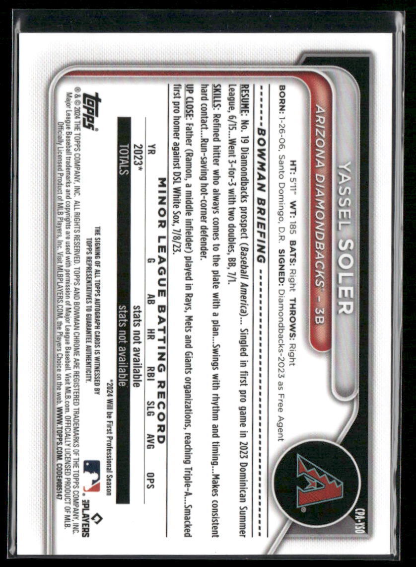 2024 Bowman Chrome Yassel Soler Prospects Autographs Yellow Refractors #/75