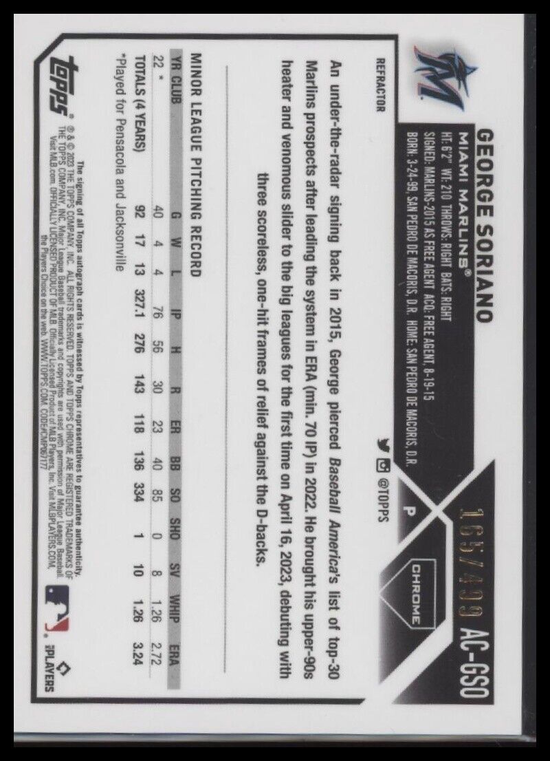 2023 Topps Chrome Update #AC-GSO George Soriano Autographs Refractor #/499