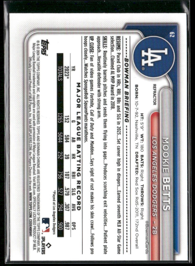 2024 Bowman Chrome #62 Mookie Betts Refractors #/499
