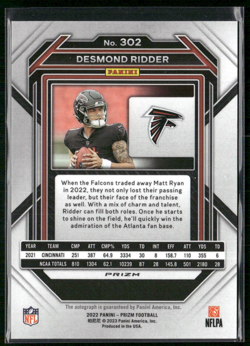 2022 Panini Prizm #302 Desmond Ridder Rookie Autographs Prizm No Huddle