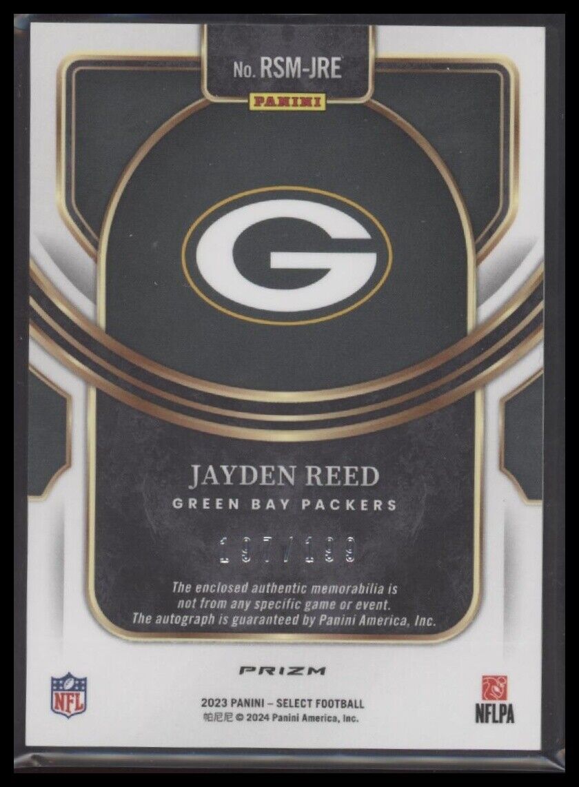 2023 Panini Select #RSM-JRE Jayden Reed Rookie Signature Memorabilia Prizm #/199