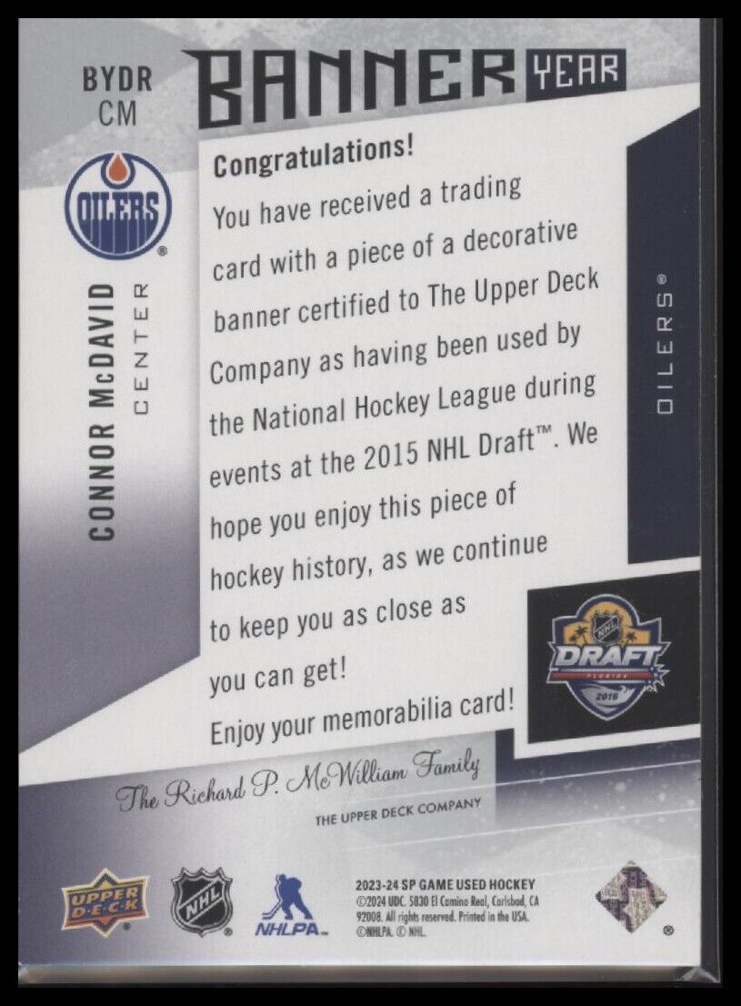 2023-24 SP Game Used #BYDR-CM Connor McDavid Banner Year NHL Draft