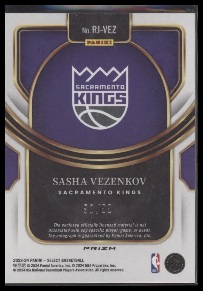 2023-24 Panini Select Sasha Vezenkov Rookie Jersey Autographs Purple Prizms #/99