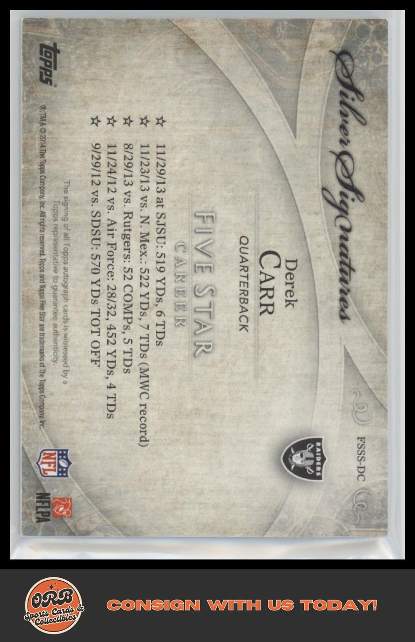 2014 Topps Five Star Derek Carr Rookie Patch Auto /15