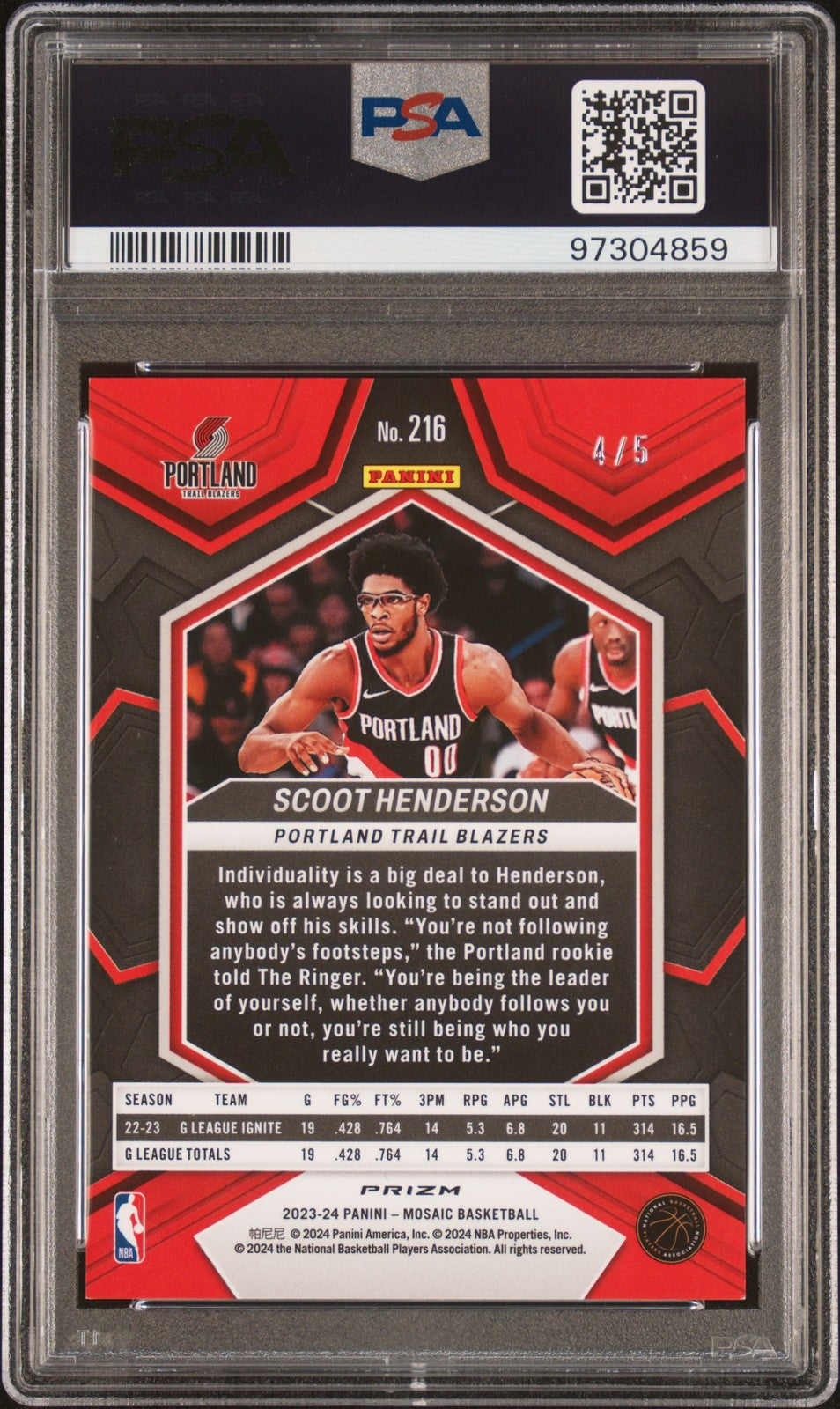 Scoot Henderson 2023 Panini Mosaic #216 Gold Glitter PSA 9