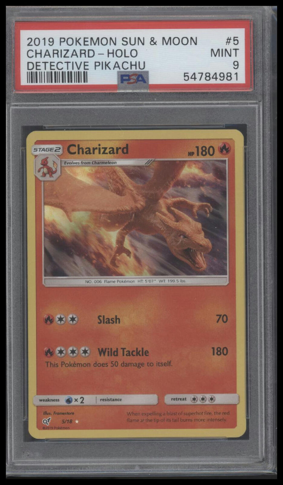 2019 Pokemon Sun & Moon Detective Pikachu #5 Charizard-Holo PSA 9