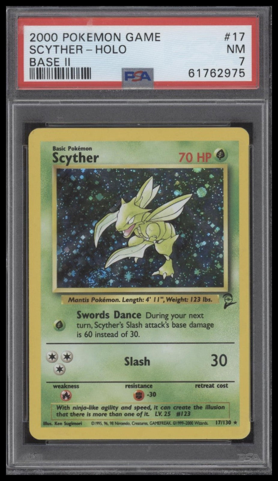 Scyther-Holo 2000 Pokemon Game Base Ii #17 Base Ii PSA 7