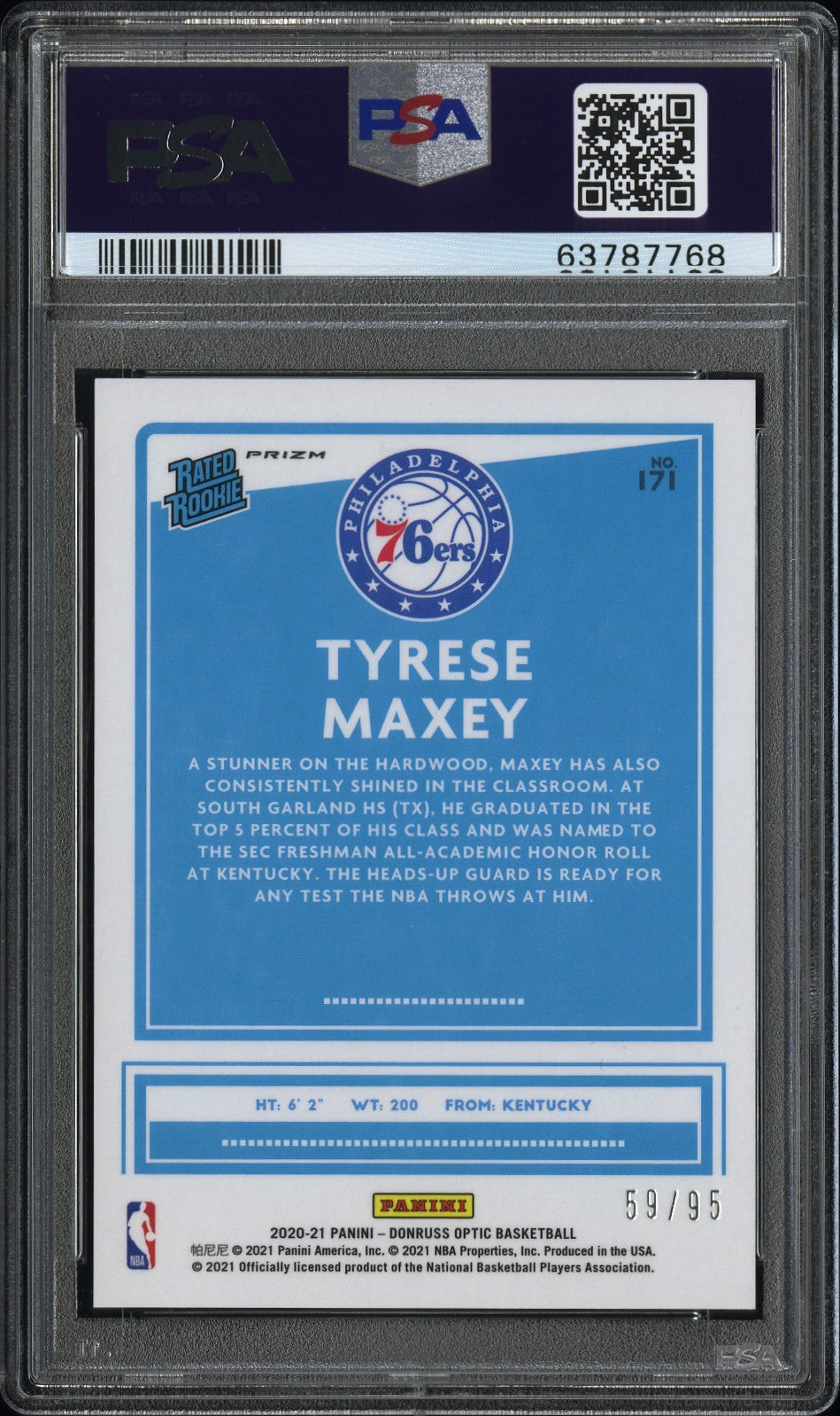 Tyrese Maxey 2020 Panini Donruss Optic #171 Fast Break Purple PSA 9