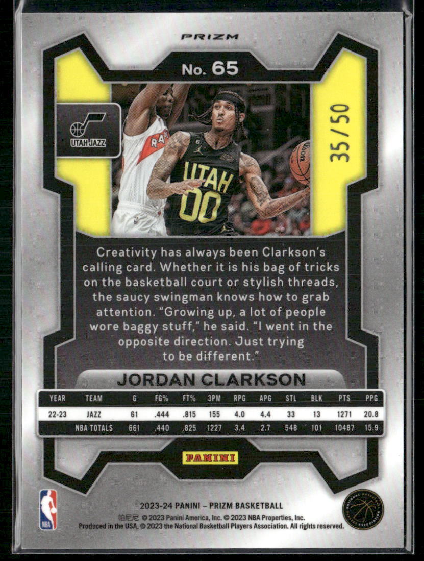 2023-24 Panini Prizm #65 Jordan Clarkson Prizms Fast Break Pink #/50