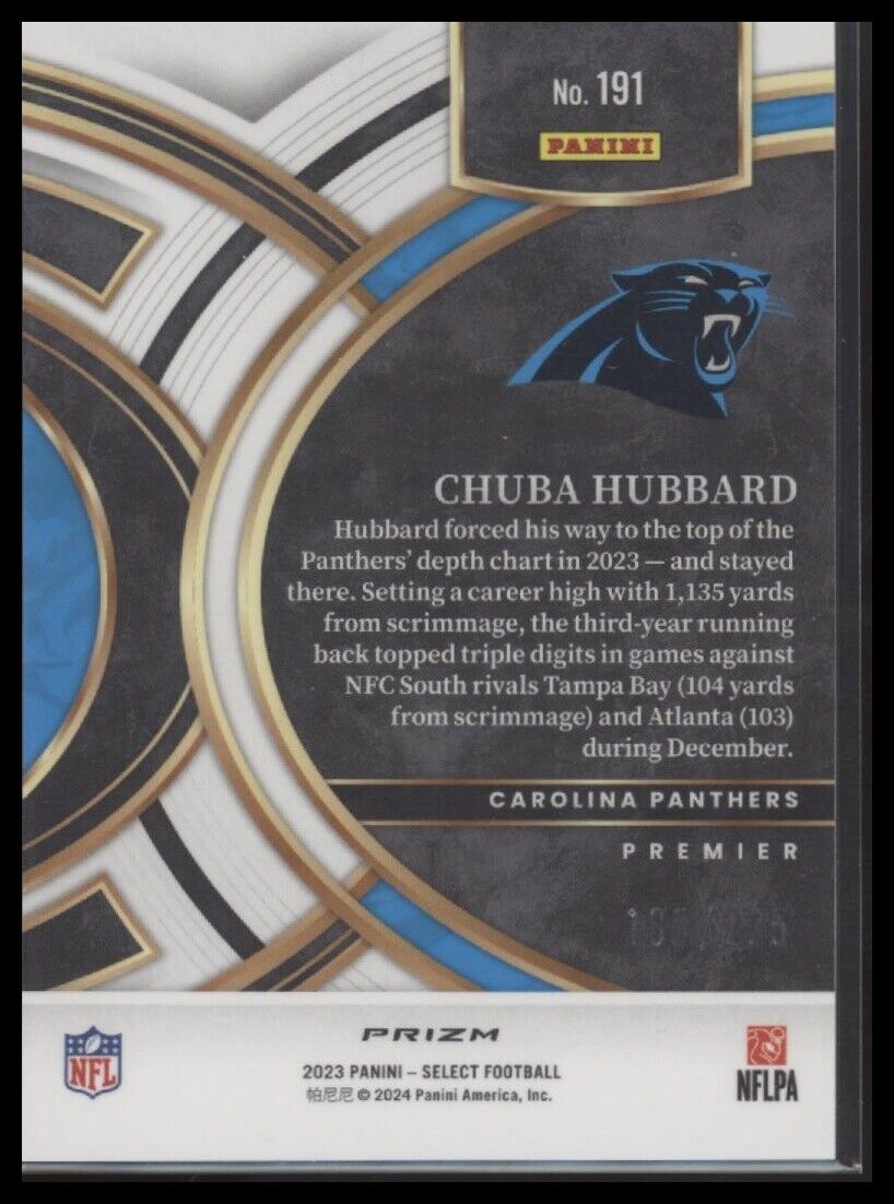 2023 Panini Select #191 Chuba Hubbard Tri-Color Prizms #/225