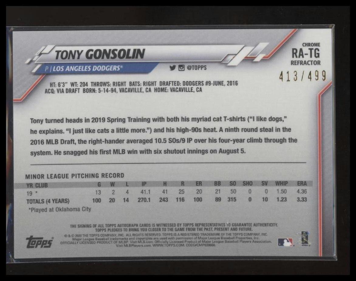 2020 Topps Chrome #RA-TG Tony Gonsolin Rookie Autographs Refractor #/499